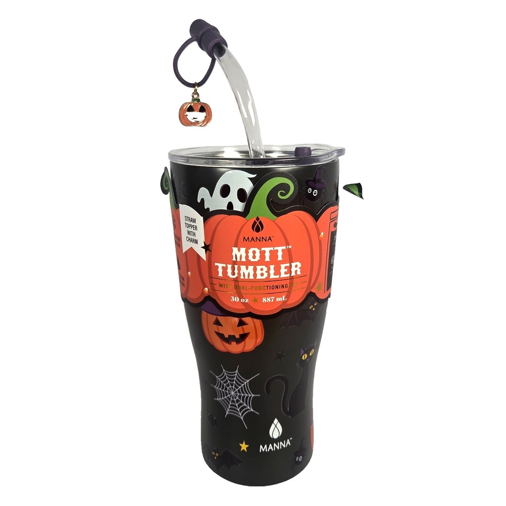 Halloween Tumbler 30 Oz Manna Mott Pumpkin Ghost Black Cat Straw Charm New